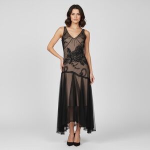 BCBG MaxAzria Sheer Lace Illusion Evening Gown – Size M. Asymmetrical Hem Formal